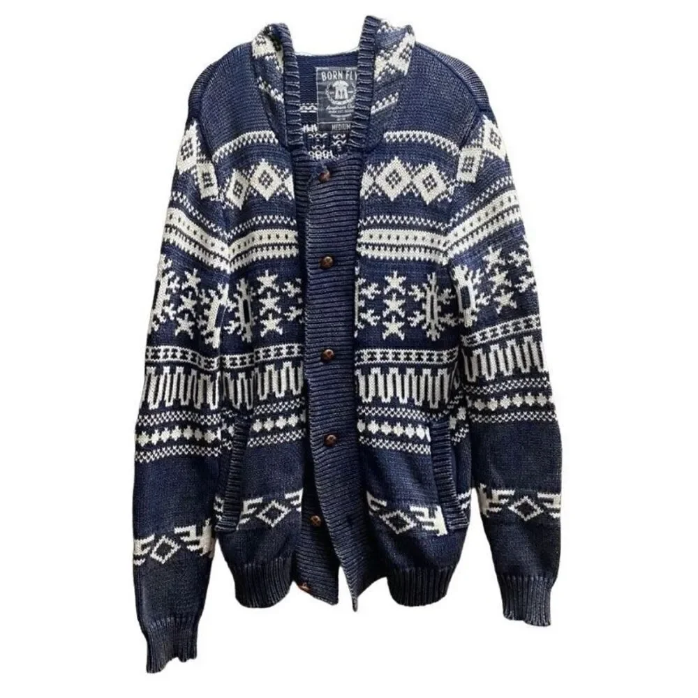 Born fly men’s anytime hooded blue and white cardigan sweater S/M
